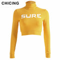 CHICING Knitwear Women's High Collar Print Slim Fit Bottom Sports Long Sleeve T-Shirt 2019 High Street Letter Turtleneck Tops