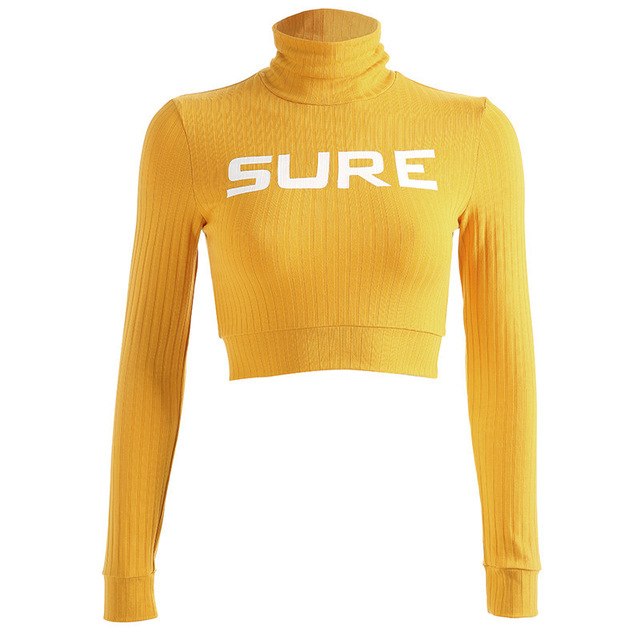 CHICING Knitwear Women's High Collar Print Slim Fit Bottom Sports Long Sleeve T-Shirt 2019 High Street Letter Turtleneck Tops